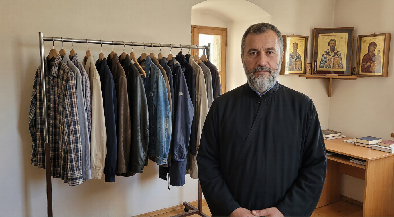 Отац Никола испред храма, у целу висину